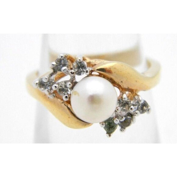 14k H.G.E. Gold Genuine Pearl Clear Rhinestone Ring Size 5.25 - Picture 1 of 4